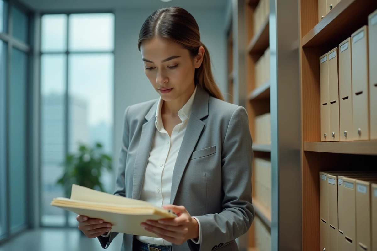 Femme en organisation de fichiers dans un bureau moderne