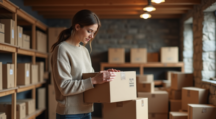 Femme organisée dans un sous-sol avec cartons étiquetés