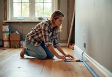 Femme peignant des plinthes dans une pièce rénovée