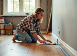 Femme peignant des plinthes dans une pièce rénovée