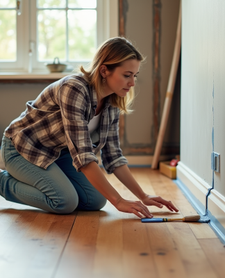 Femme peignant des plinthes dans une pièce rénovée