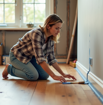 Femme peignant des plinthes dans une pièce rénovée