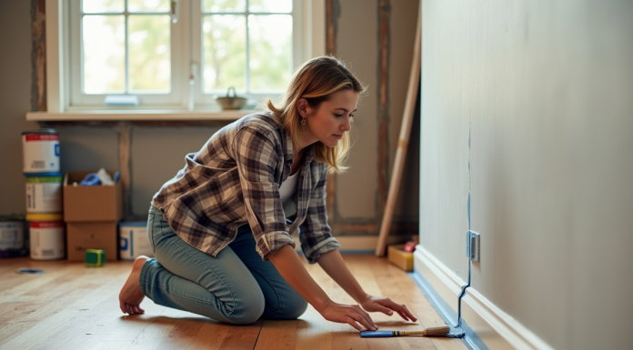 Femme peignant des plinthes dans une pièce rénovée