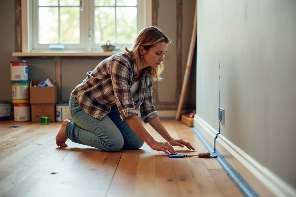 Femme peignant des plinthes dans une pièce rénovée