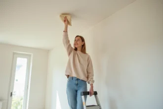 Femme en jeans nettoyant un plafond blanc mat