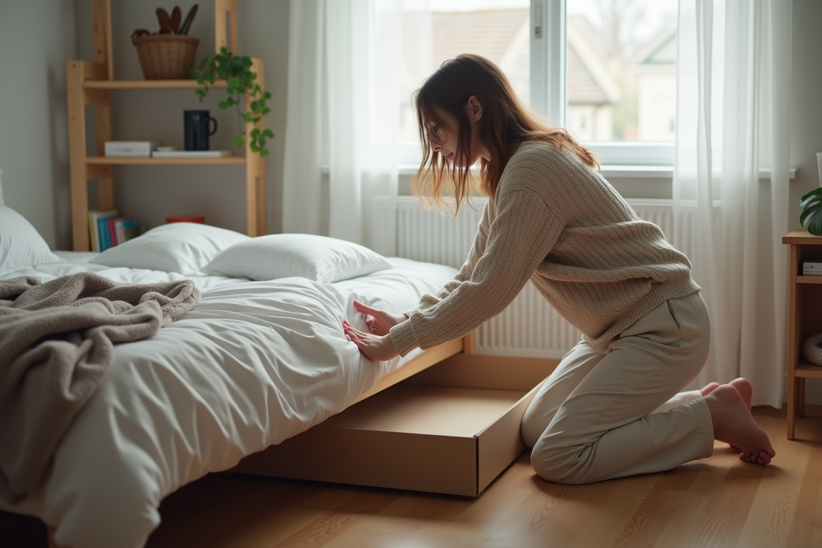 Jeune femme glissant une boîte TV sous un lit dans une chambre ordonnée
