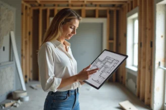 Femme en train d'étudier un plan 3D dans une salle de bain en rénovation