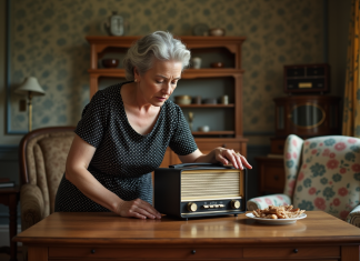 Femme en robe à pois polka dot vintage nettoyant une radio