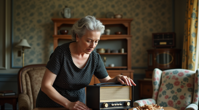 Femme en robe à pois polka dot vintage nettoyant une radio