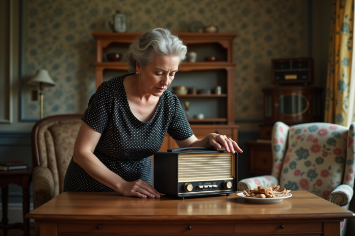 Femme en robe à pois polka dot vintage nettoyant une radio
