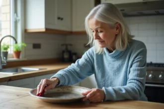 Femme polissant un plateau en argent dans une cuisine rustique
