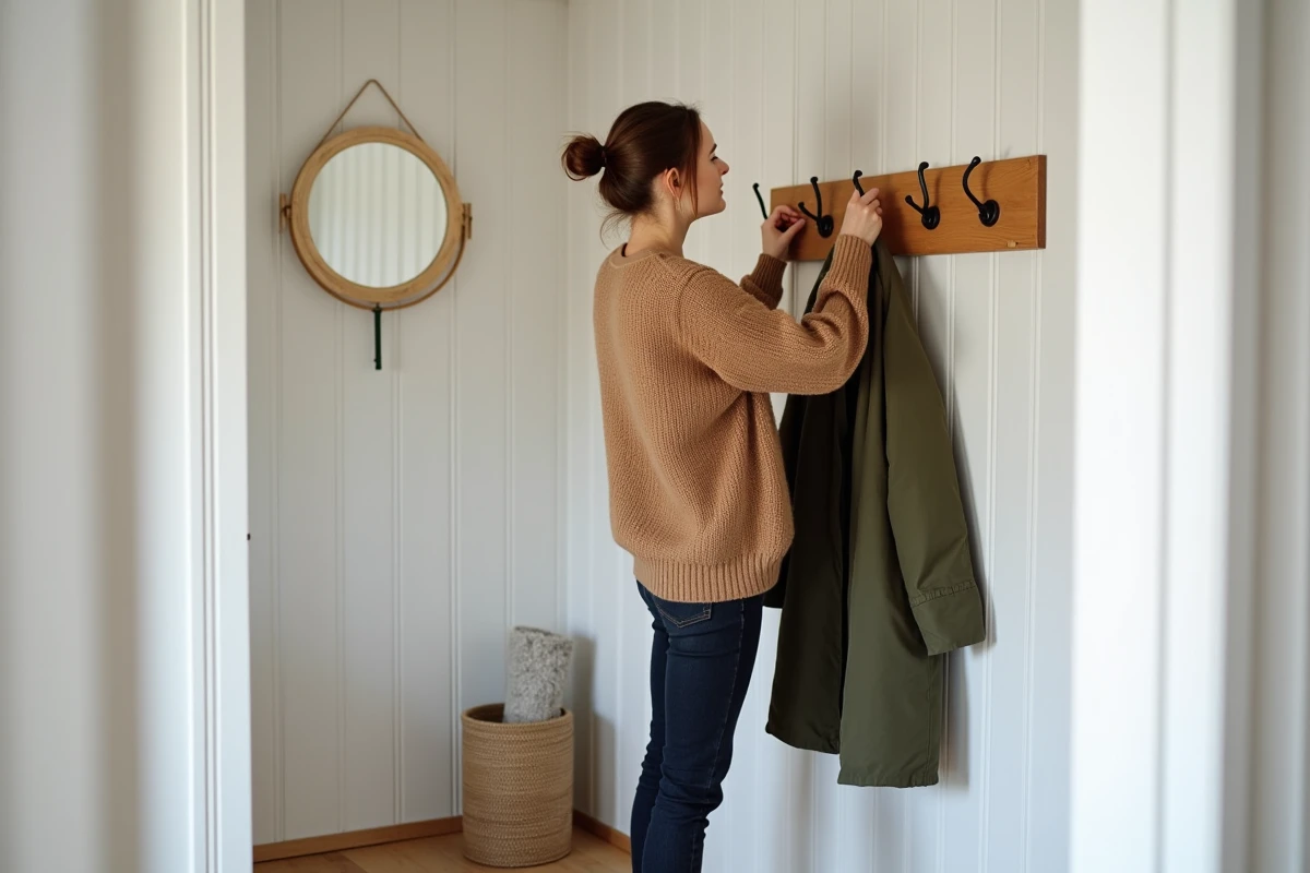 Femme accrochant un manteau sur un porte-manteaux mural scandinave en bouleau dans un couloir d'appartement nordique