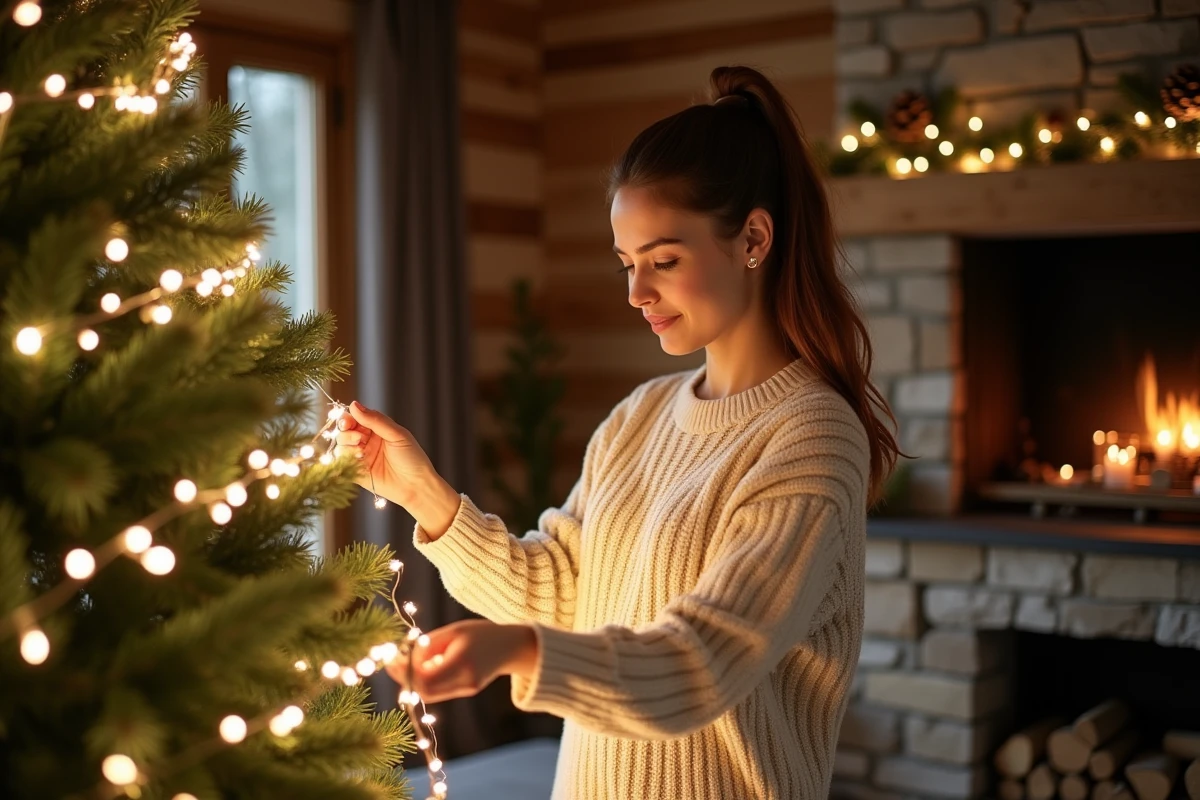 Femme plaçant une guirlande lumineuse sur un sapin de Noël dans une pièce rustique avec cheminée en pierre