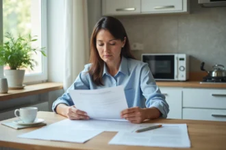 Femme consultant des documents d'assurance habitation à une table de cuisine moderne pour résilier son contrat en 2026