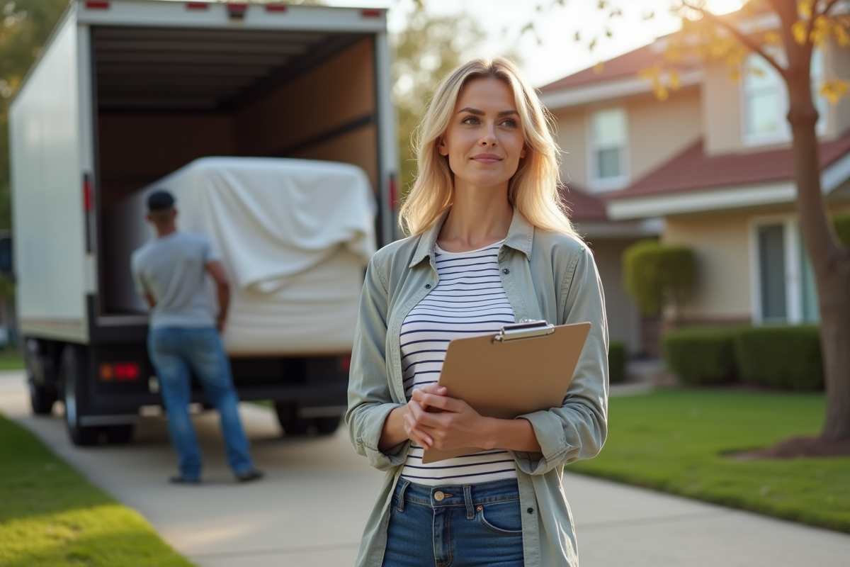 Jeune femme observant le déménagement dans la cour