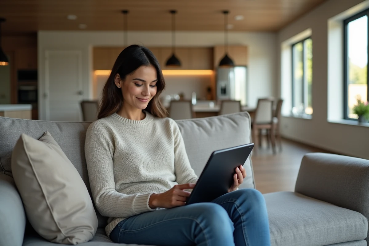 Jeune femme contrôlant la maison connectée avec une tablette
