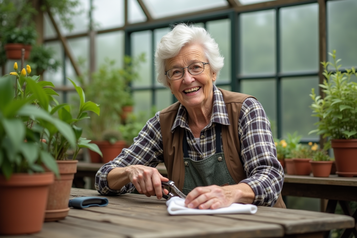 Femme âgée taillant des plantes dans une serre