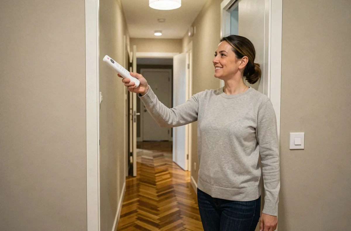 Femme testant une télécommande Yokis sans fil pour un circuit va-et-vient dans un appartement moderne