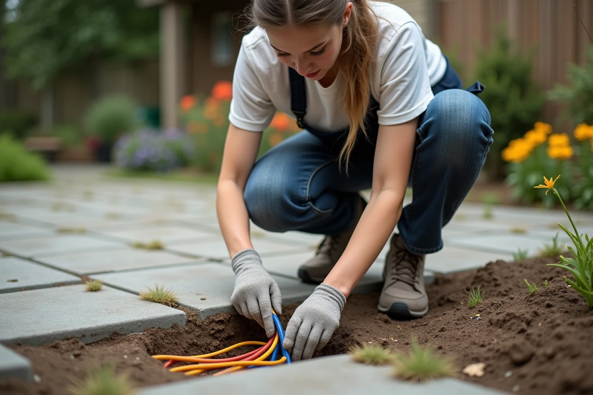 Jeune femme installant des fils électriques dans un conduit dans le jardin