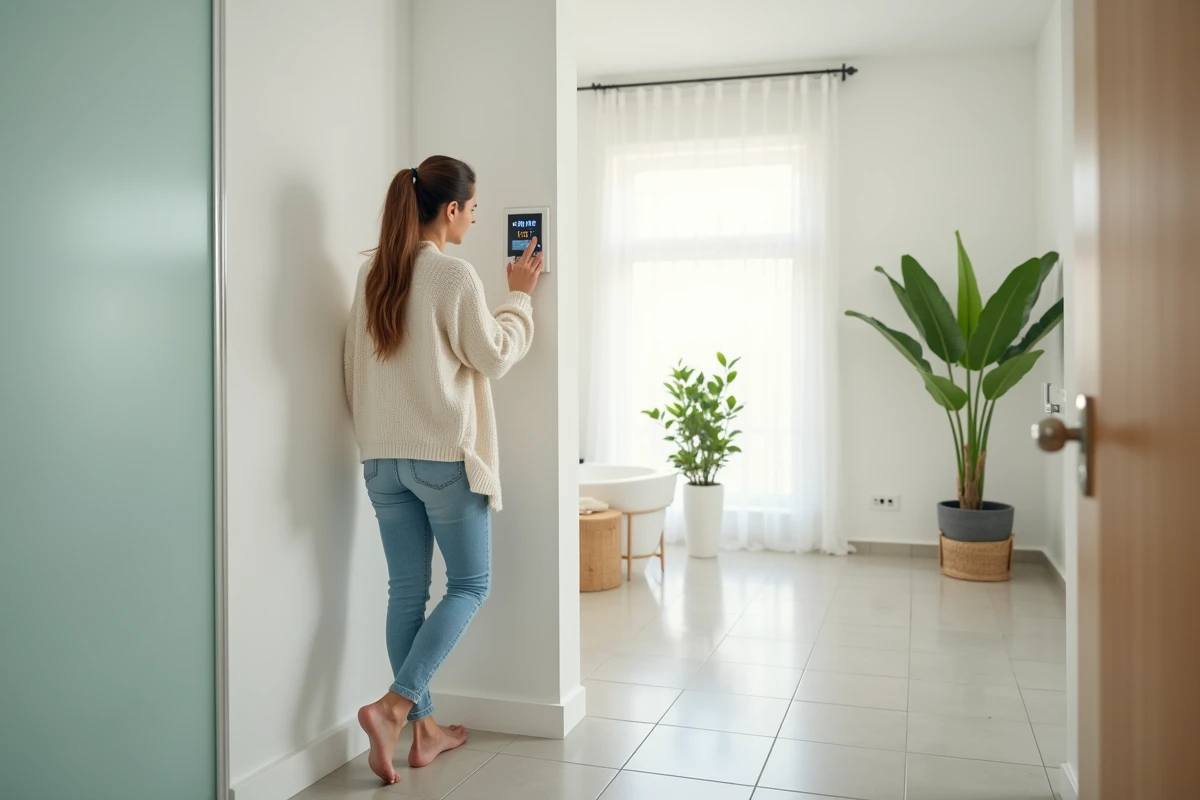 Jeune femme contrôlant un chauffe-eau électrique dans salle de bain