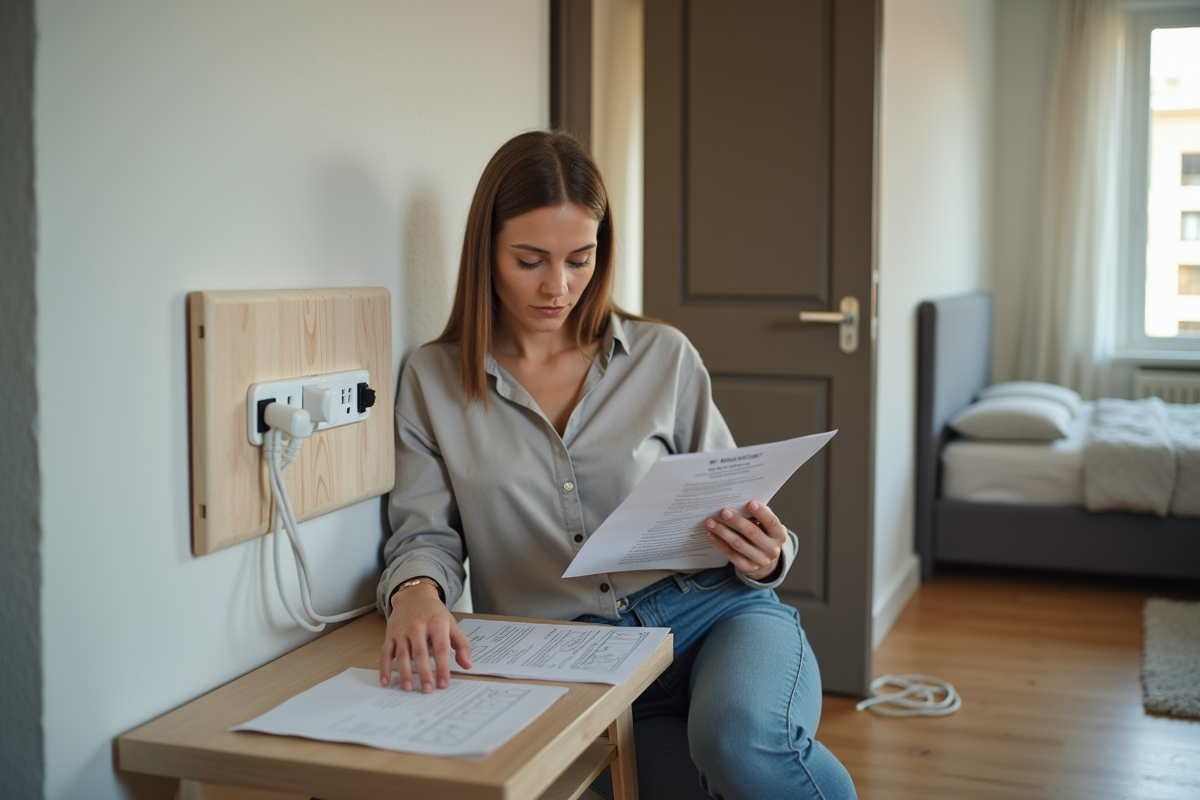Jeune femme vérifiant une checklist électrique dans un appartement