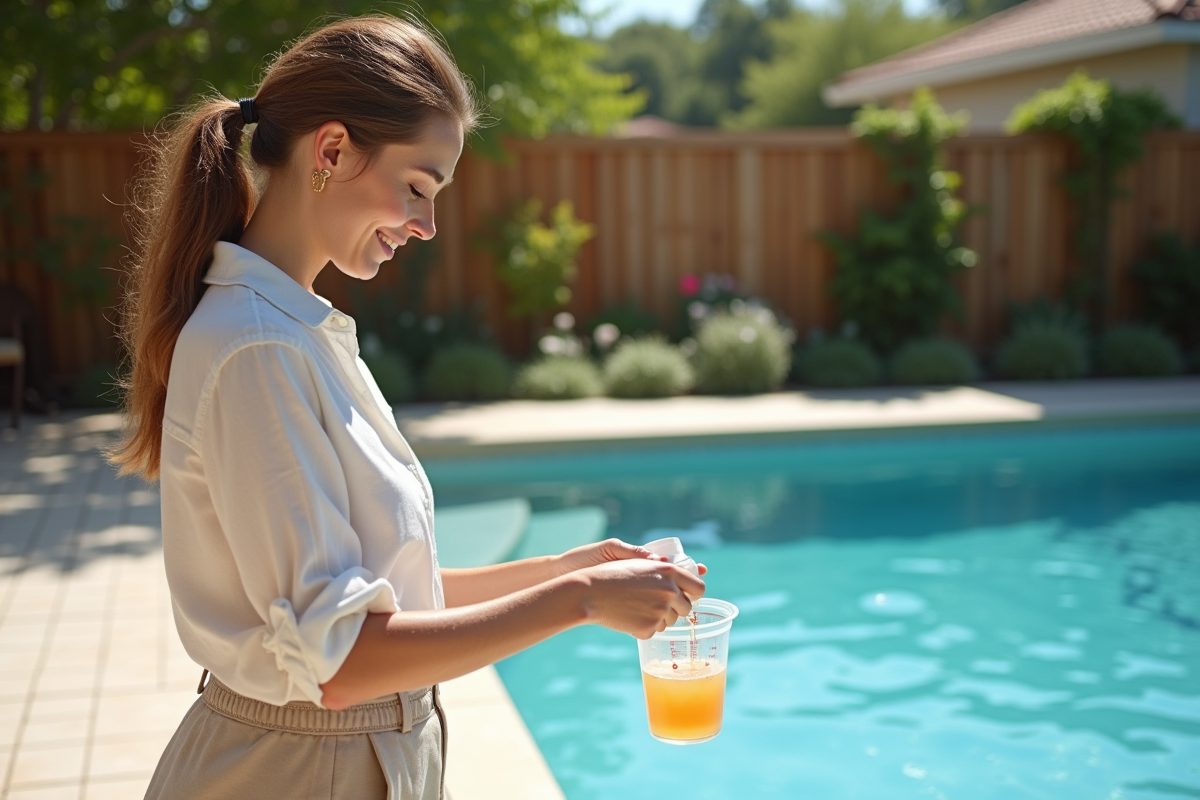 Jeune femme versant du clarifiant dans un seau près de la piscine