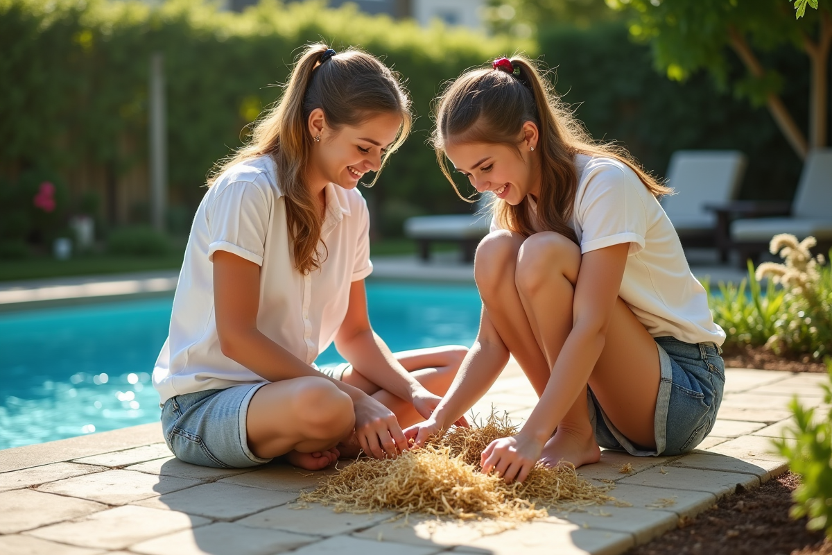 Maman et fille tressant la paille autour des fleurs