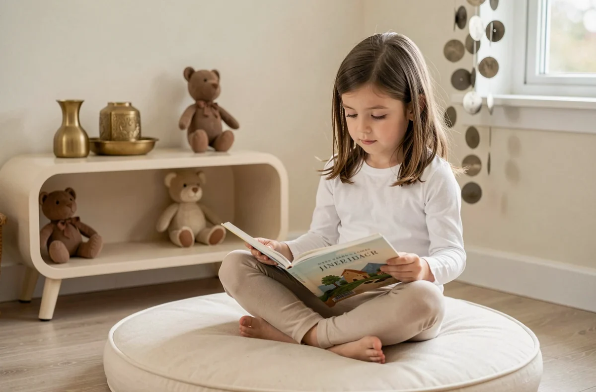 Petite fille lisant dans une chambre feng shui Ouest décorée avec des couleurs douces et des accessoires dorés
