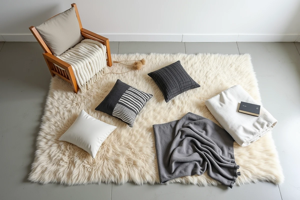 Flat-lay de textiles de salon en noir et blanc sur tapis moelleux ivoire avec plaids, coussins et jetés en lin