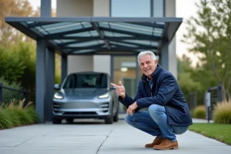 Carport solaire avec panneaux photovoltaïques et véhicule stationné dessous
