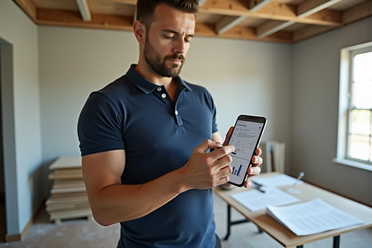 Homme consultant une application de gestion de rénovation sur smartphone dans un salon en cours de travaux avec murs bruts et matériaux de chantier