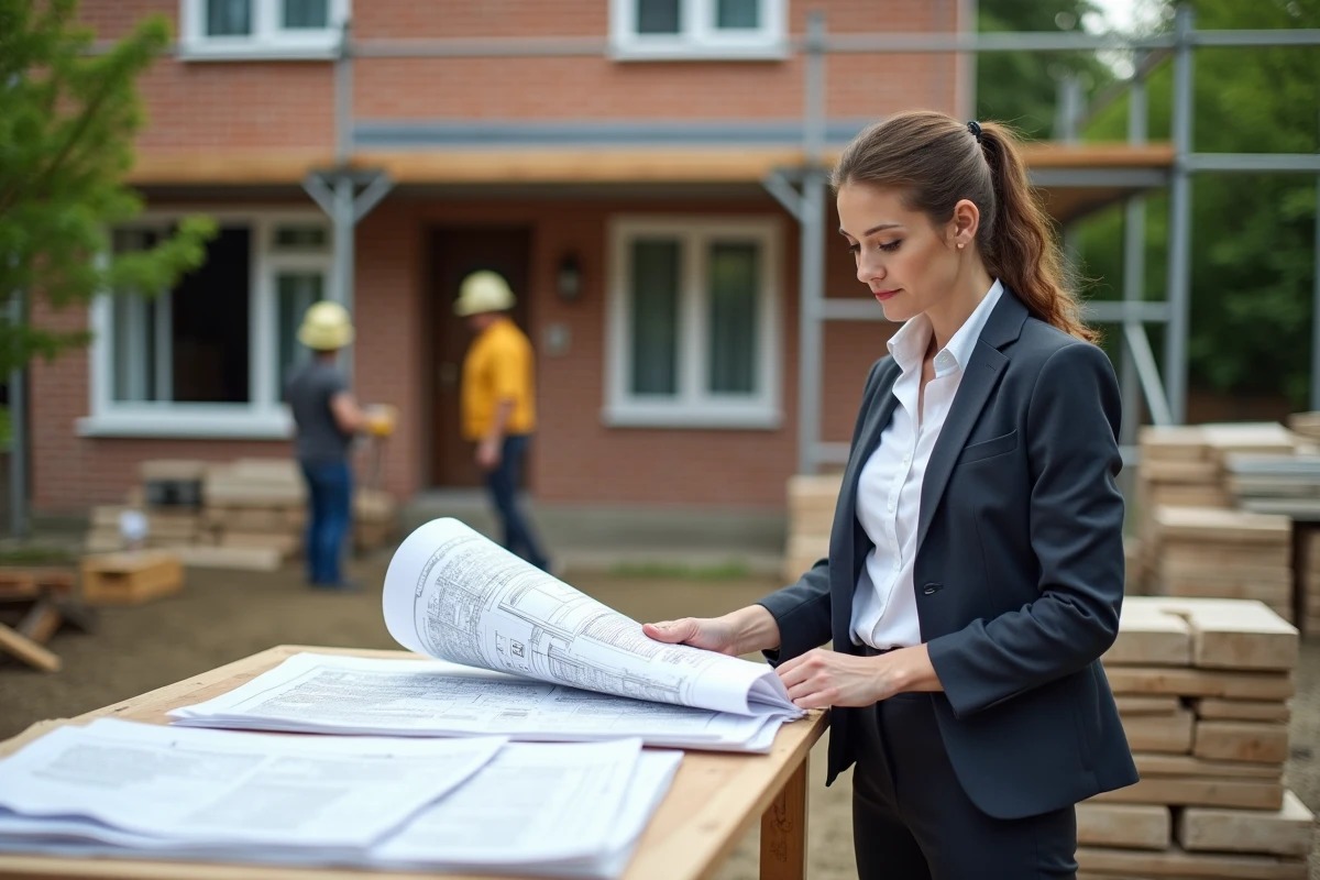 Femme gestionnaire vérifiant plans sur chantier extérieur