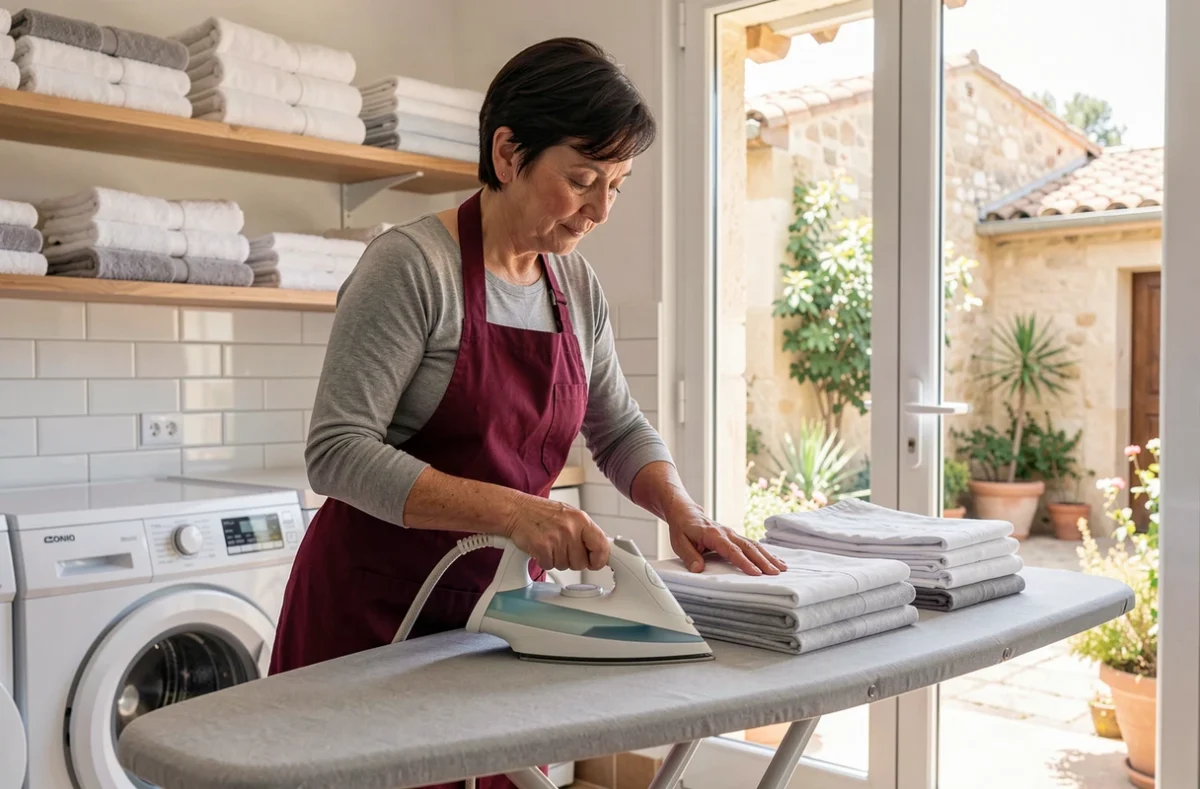 Clarisse Godebert, aide ménagère professionnelle, repassant du linge dans une buanderie lumineuse typique du Var