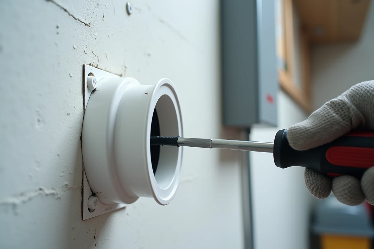 Gros plan sur la fixation d'une goulotte PVC avec vis sur un mur près d'un tableau électrique en saillie, câbles électriques bien rangés à l'intérieur