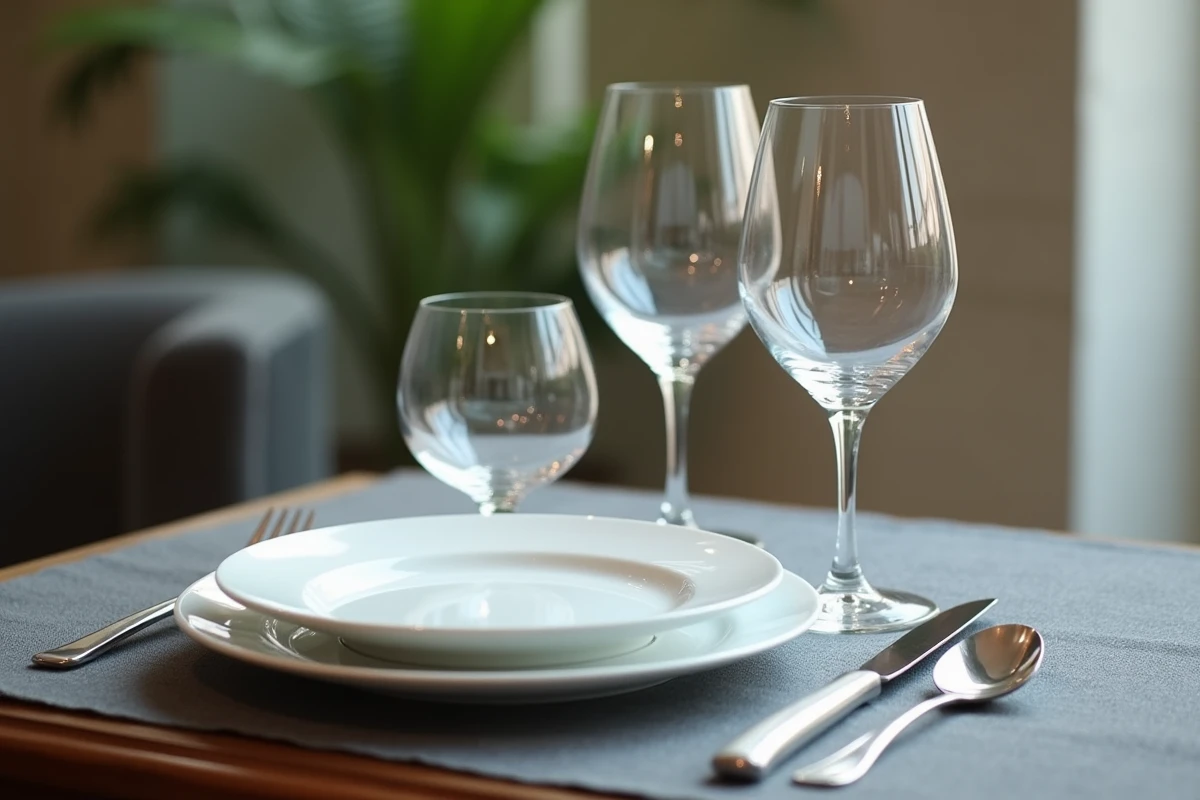Gros plan sur le positionnement des trois verres dans un couvert à la française, eau, vin rouge et vin blanc sur nappe grise