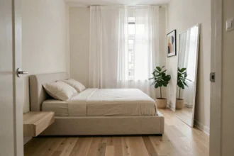 Petite chambre de moins de 9m² aménagée en home staging avec un lit bas en lin beige, un grand miroir et des murs blanc chaud pour agrandir visuellement l'espace