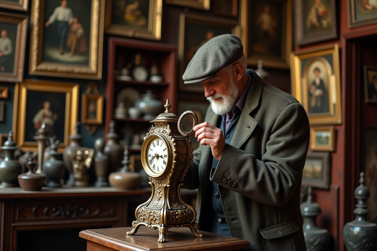 Homme âgé inspectant une horloge ancienne en boutique d