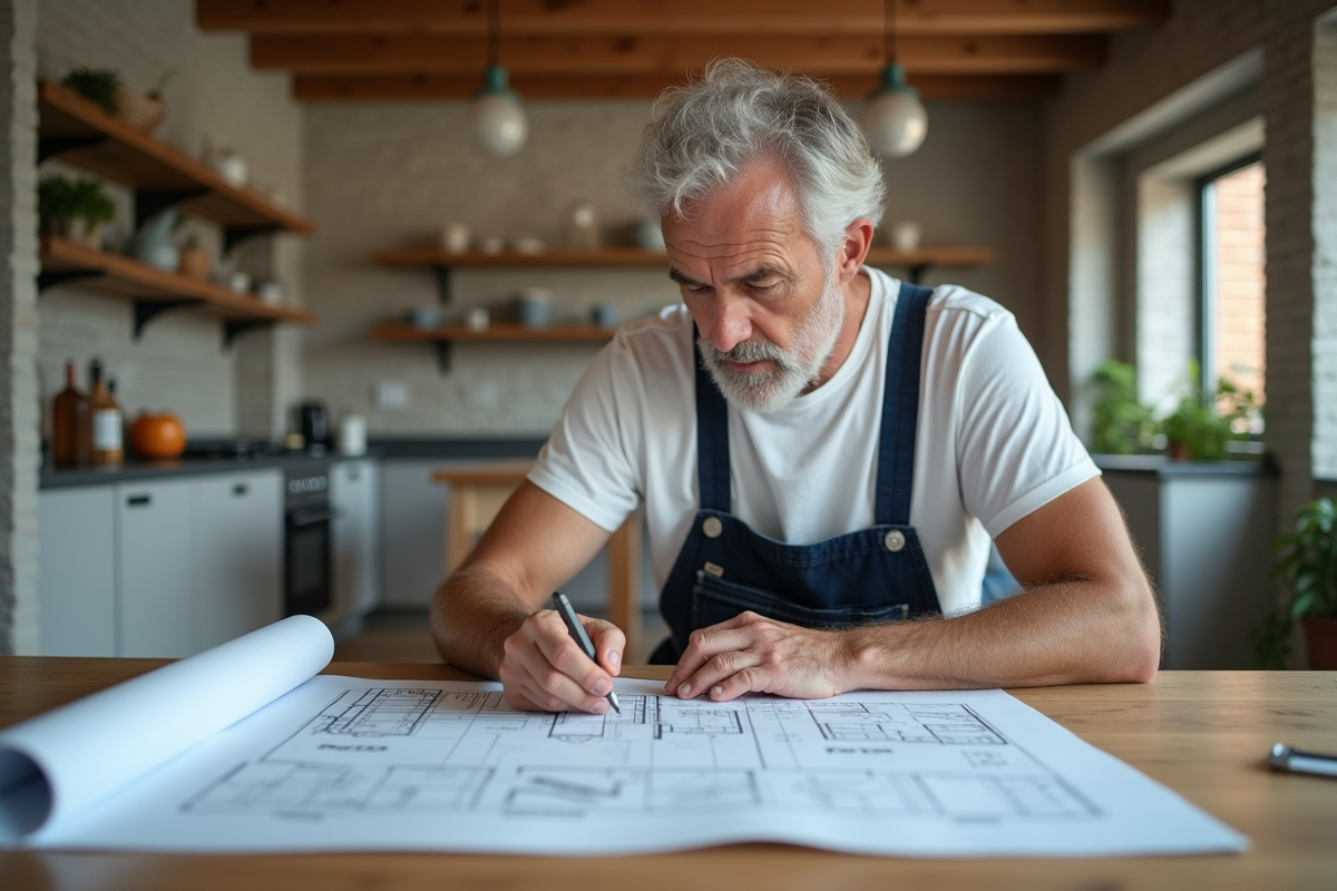 Homme étudiant des plans dans une cuisine en rénovation