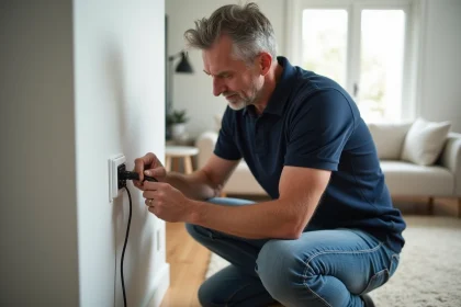 Homme d'âge moyen changeant un interrupteur électrique dans un salon