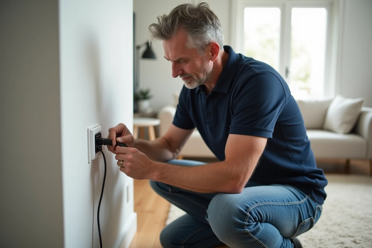 Homme d'âge moyen changeant un interrupteur électrique dans un salon
