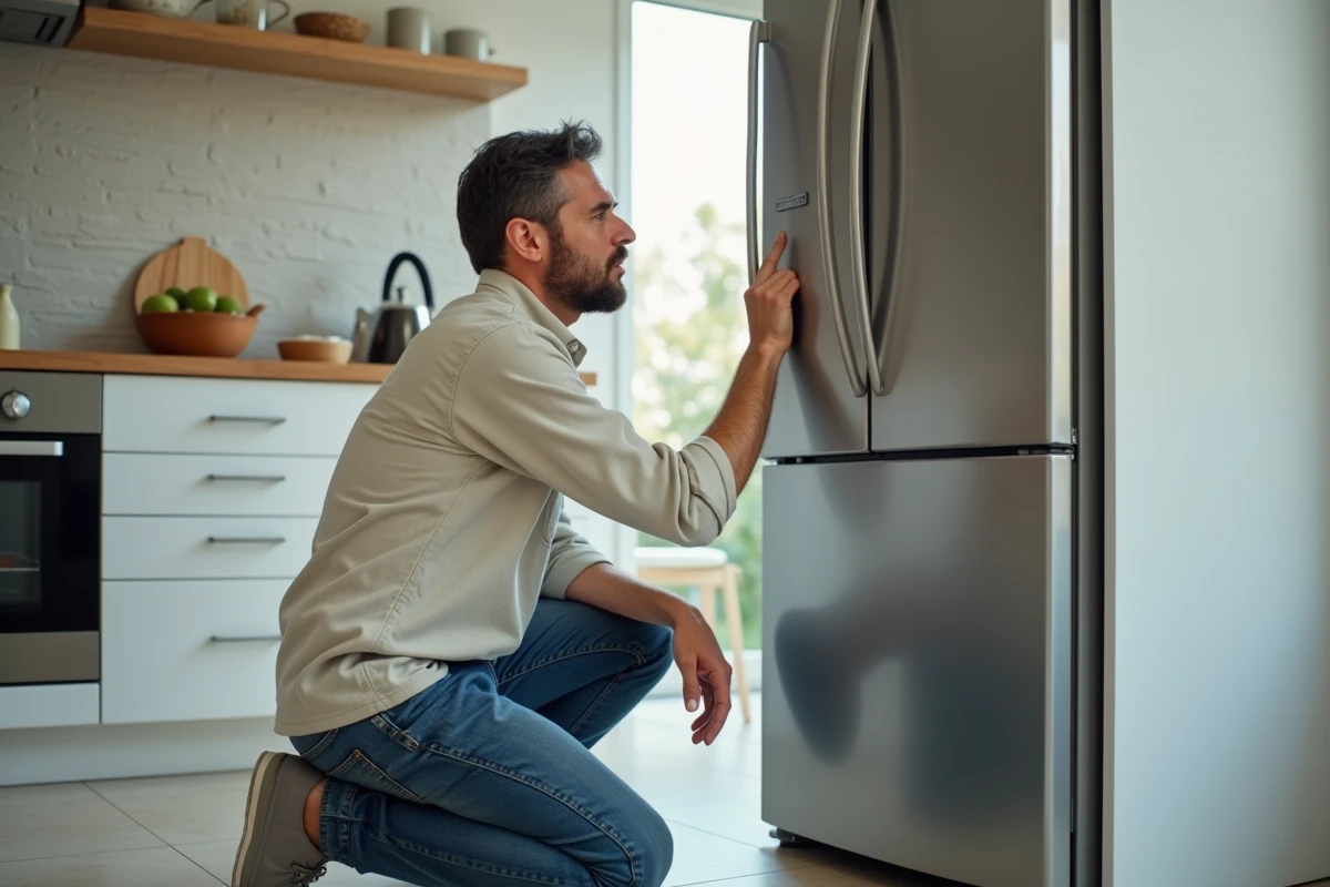 Homme d'âge moyen vérifiant son réfrigérateur dans une cuisine moderne