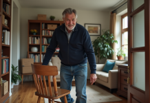Récupération de meubles : qui peut me débarrasser ? Homme d'âge moyen portant un pull bleu et jeans déplace une vieille chaise en bois dans un appartement chaleureux