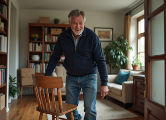 Récupération de meubles : qui peut me débarrasser ? Homme d'âge moyen portant un pull bleu et jeans déplace une vieille chaise en bois dans un appartement chaleureux