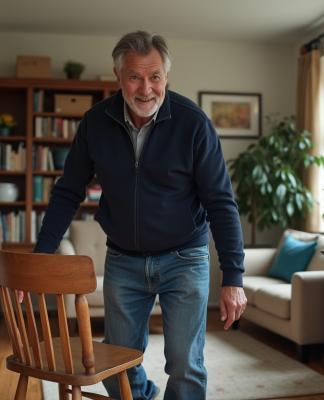 Homme d'âge moyen portant un pull bleu et jeans déplace une vieille chaise en bois dans un appartement chaleureux