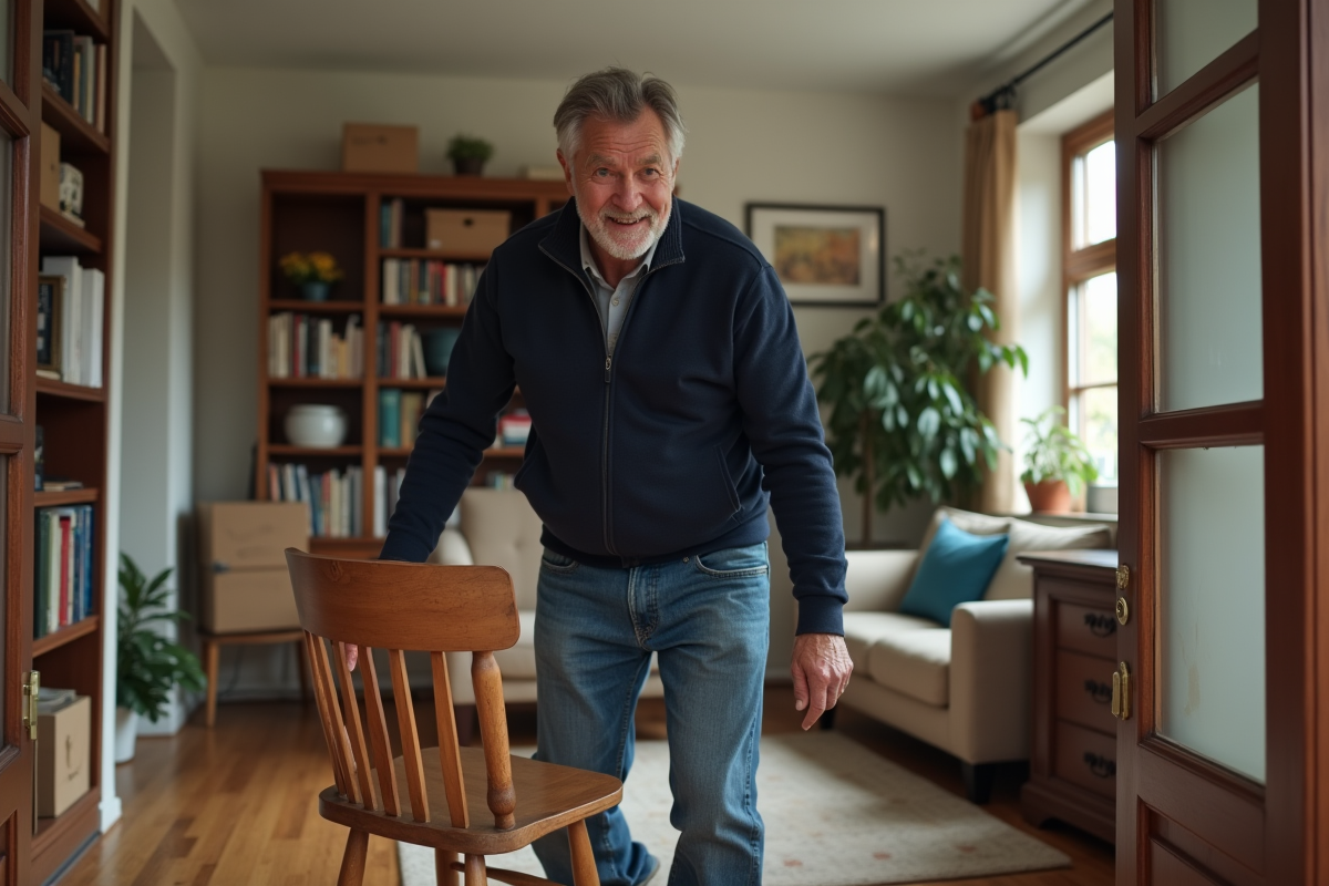 Homme d'âge moyen portant un pull bleu et jeans déplace une vieille chaise en bois dans un appartement chaleureux
