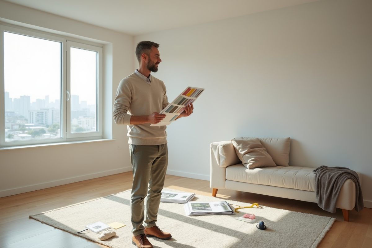 Homme tenant un nuancier de couleurs dans un appartement lumineux
