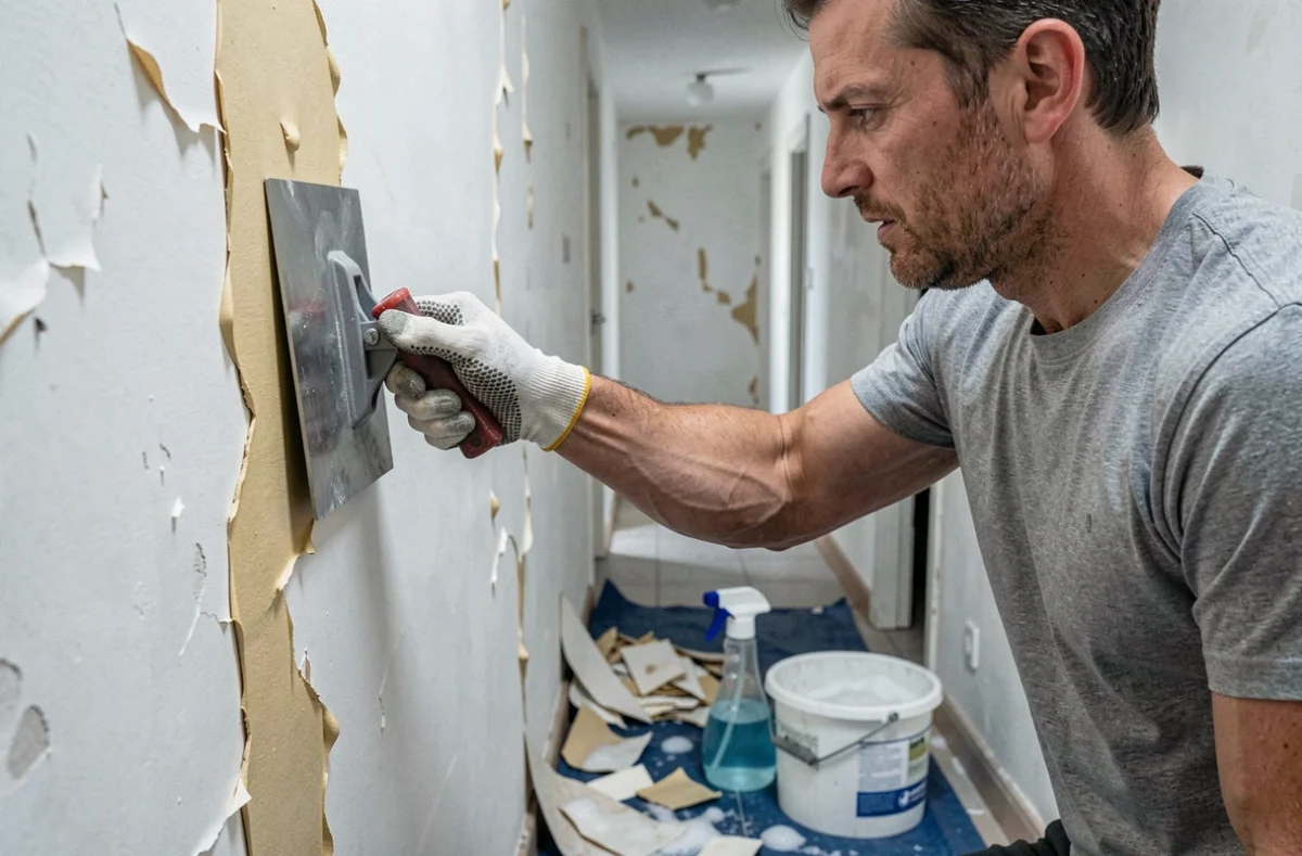 Homme grattant la colle résistante d'un mur après décollage de papier peint dans un couloir en travaux