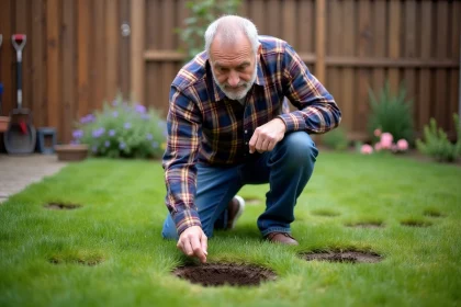 Homme d'âge moyen inspectant un trou dans la pelouse