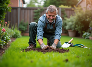 Gazon bien vert : astuces pour un beau jardin écologique et luxuriant Homme d'âge moyen appliquant compost naturel sur la pelouse