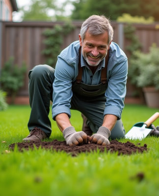 Homme d'âge moyen appliquant compost naturel sur la pelouse